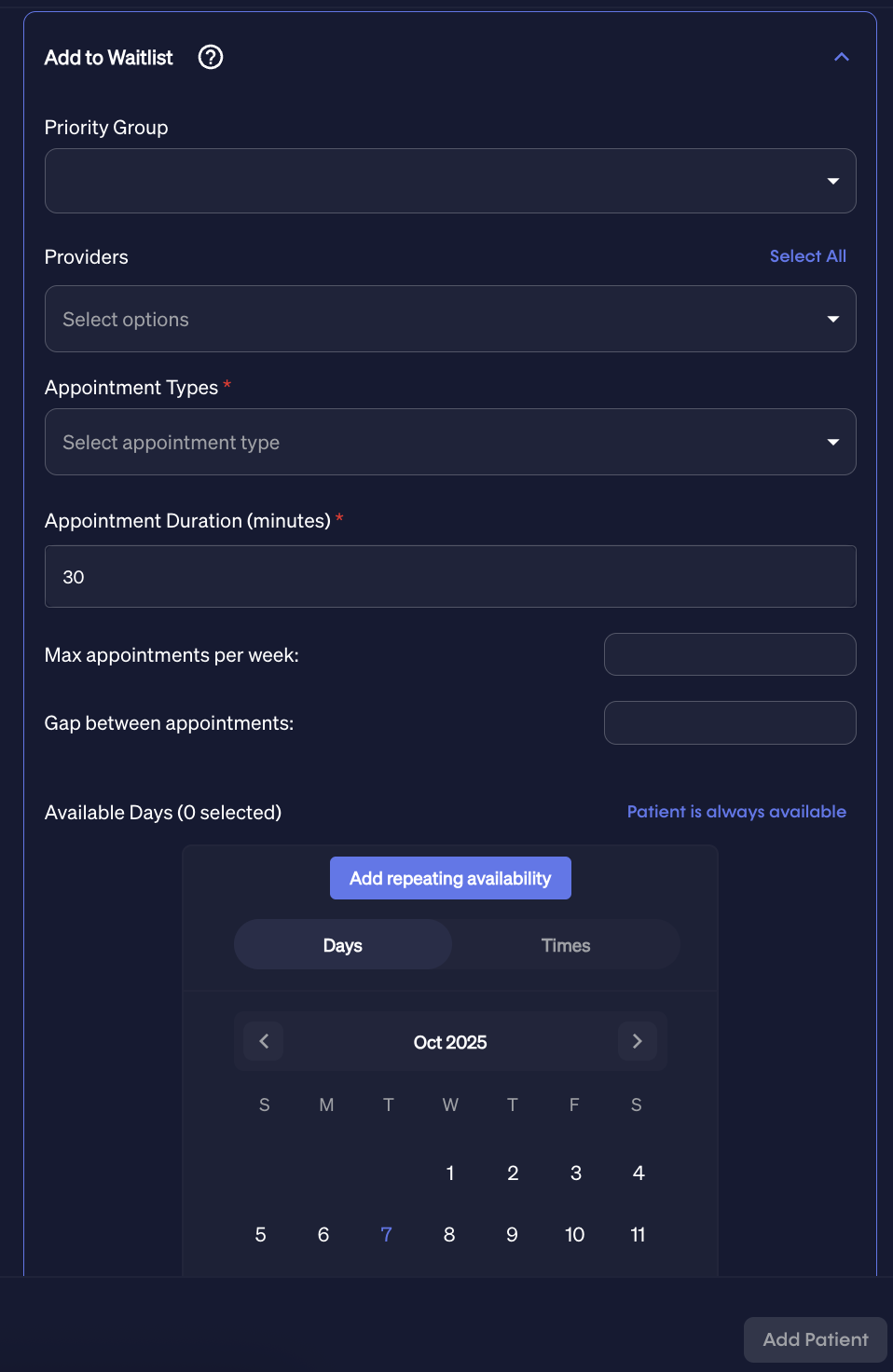 Add to waitlist form on Add Patient page.
