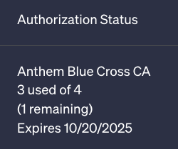 Penciled displays remaining authorization status in the patients table.