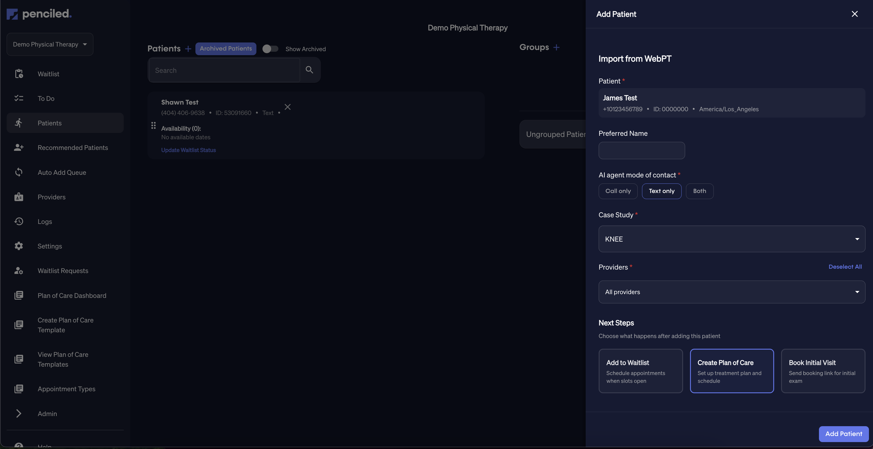 Create plan of care for new patient.