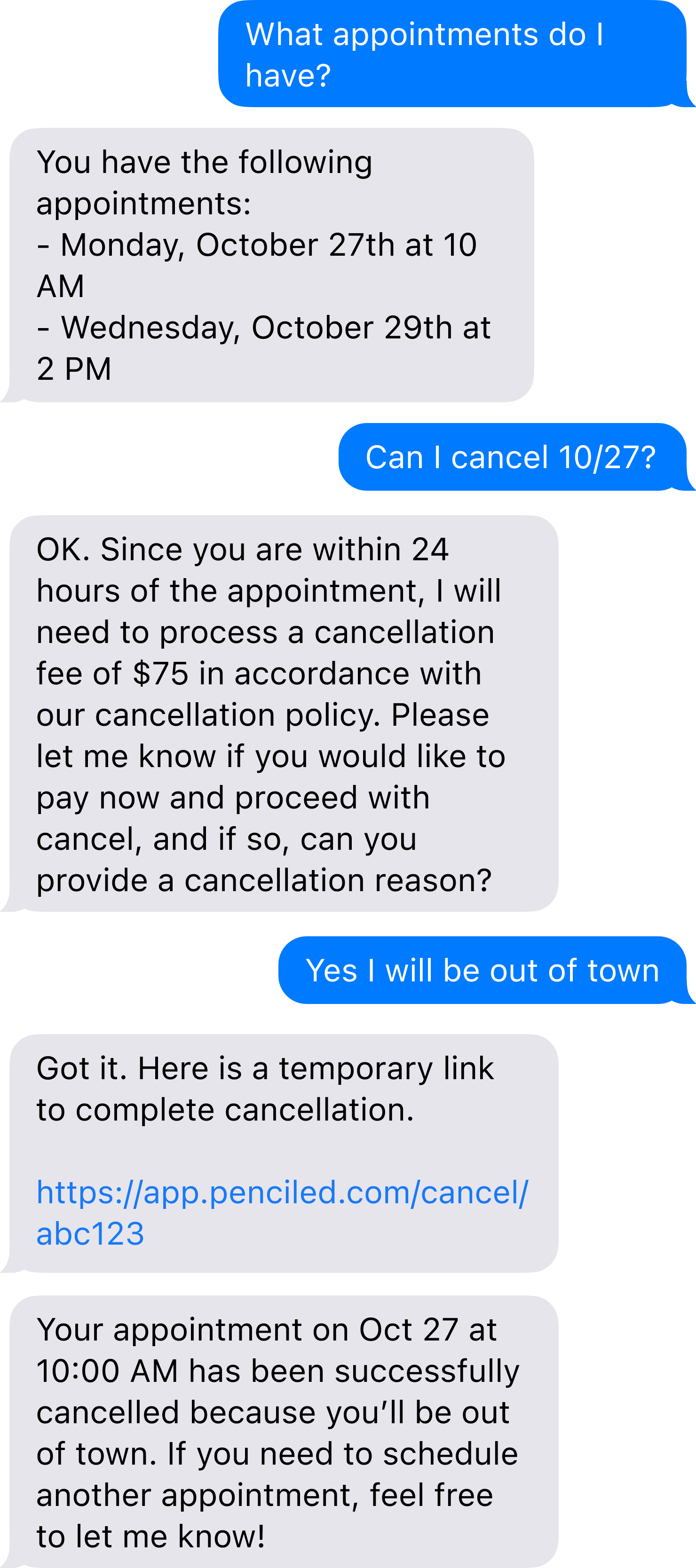 Patient cancelling an appointment over SMS with Penciled's AI