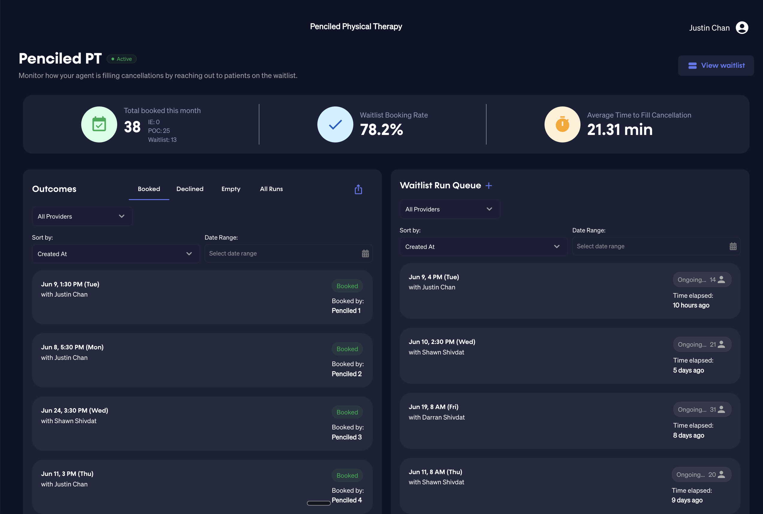 Penciled waitlist dashboard showing cancellations being filled automatically