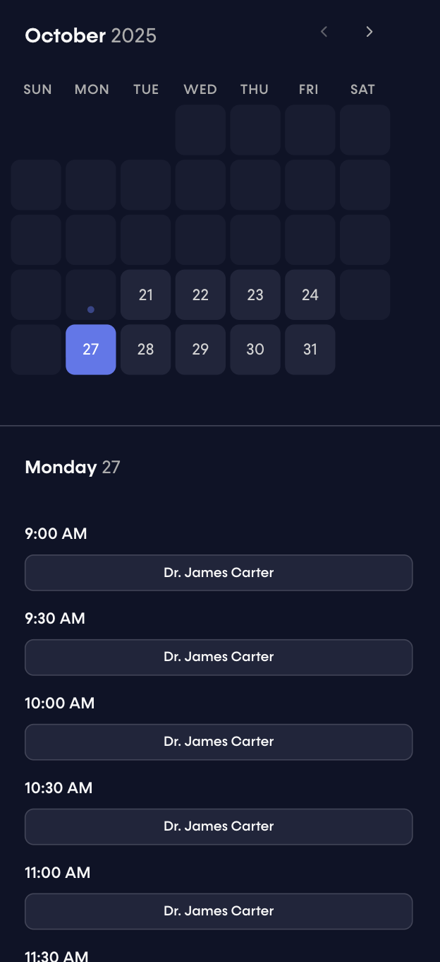 Patient calendar view for selecting a date.
