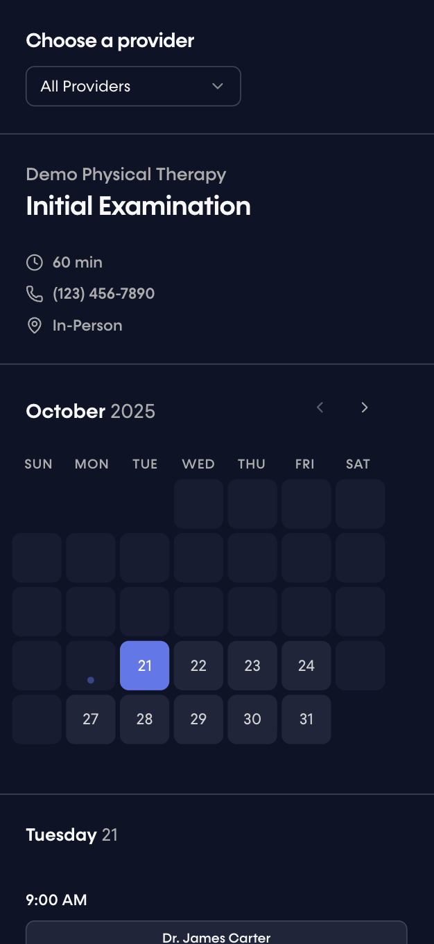 Patient scheduling interface showing appointment details.