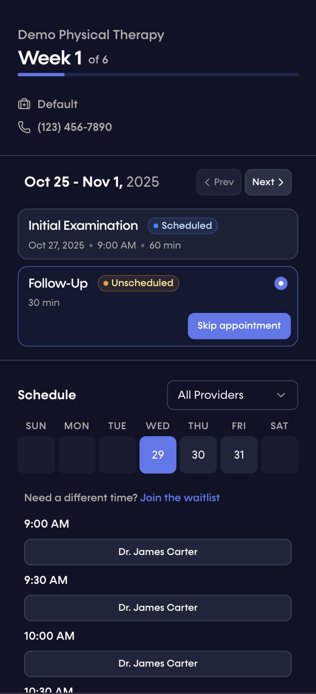 Patients can schedule ongoing visits via plan of care scheduling.