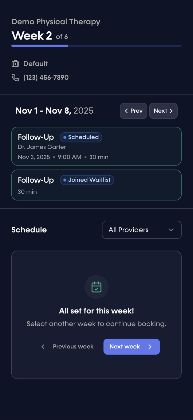 Patients can schedule ongoing visits via plan of care scheduling.