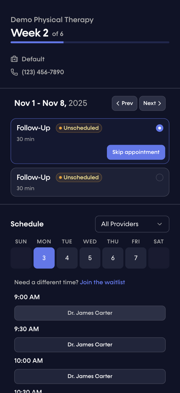 Patients can schedule ongoing visits via plan of care scheduling.