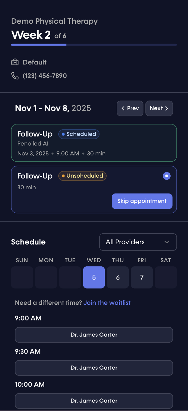 Patients can schedule ongoing visits via plan of care scheduling.