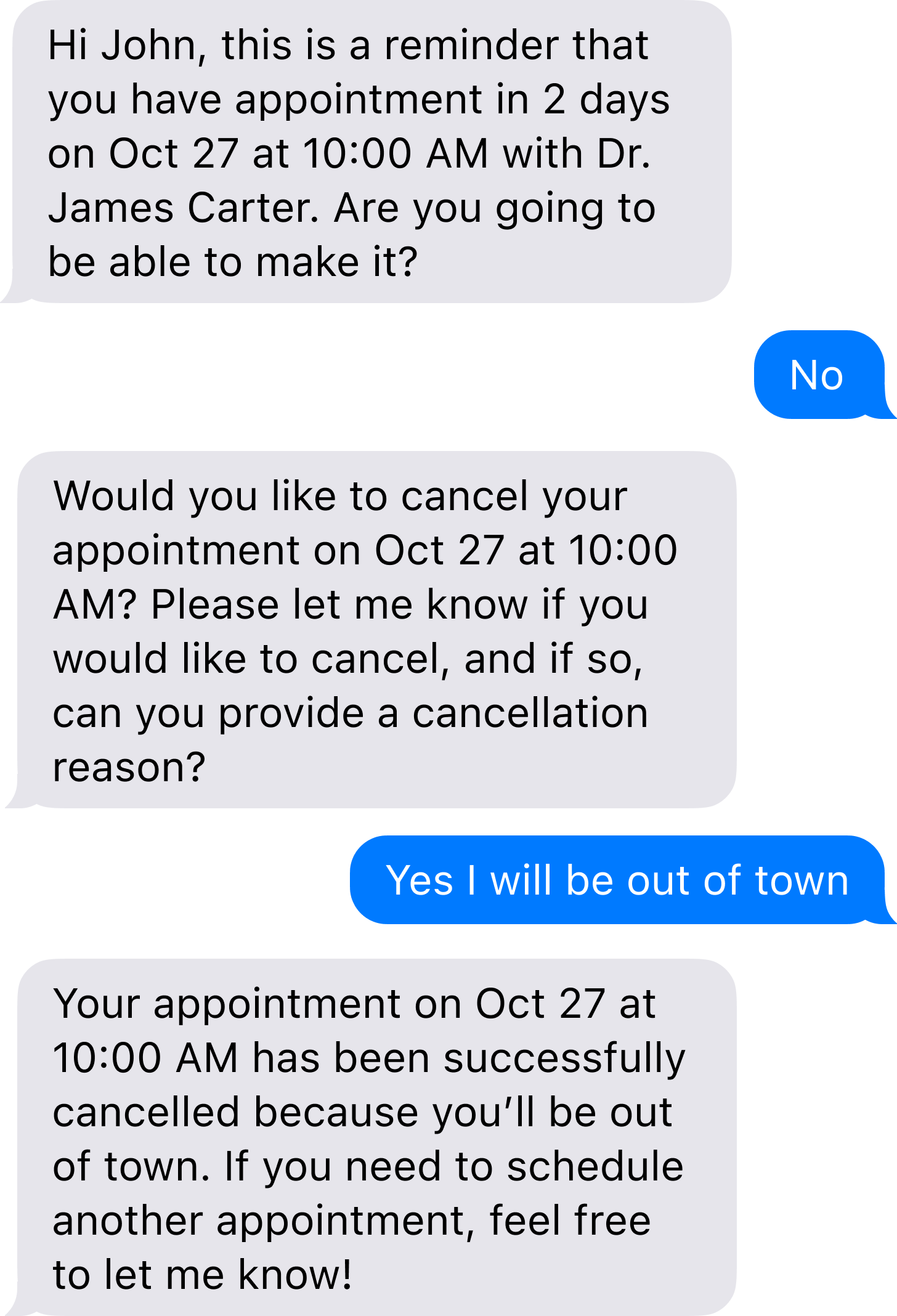 Example two-way SMS reminder and cancellation conversation with the AI.