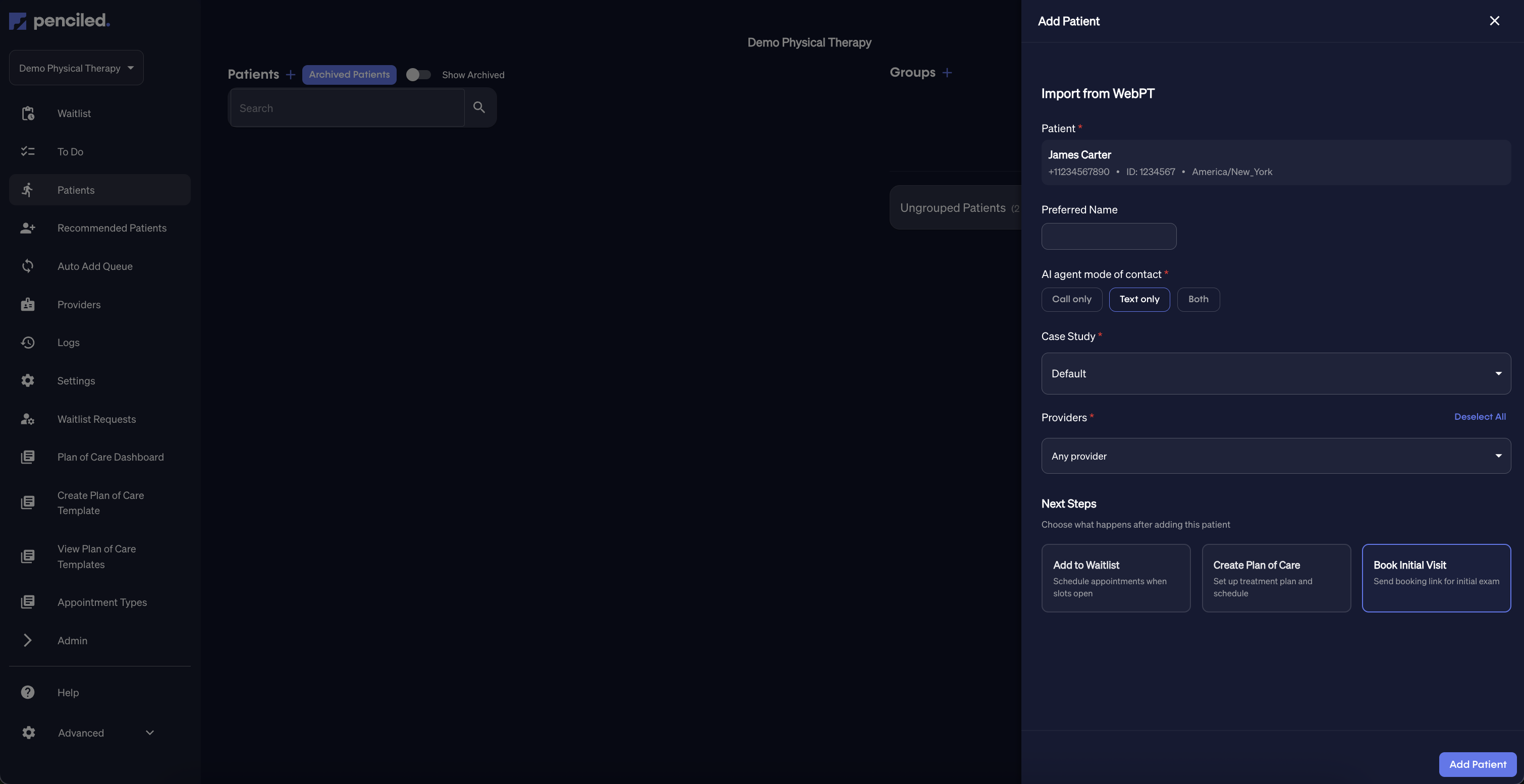 Add a patient from WebPT and send an initial exam scheduling link.