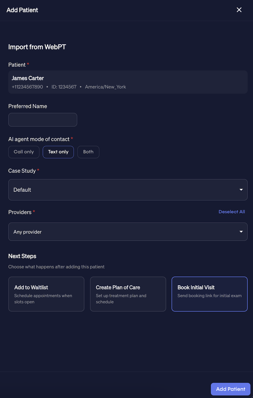 After selecting a patient for import from WebPT, you can immediately add them to Penciled.