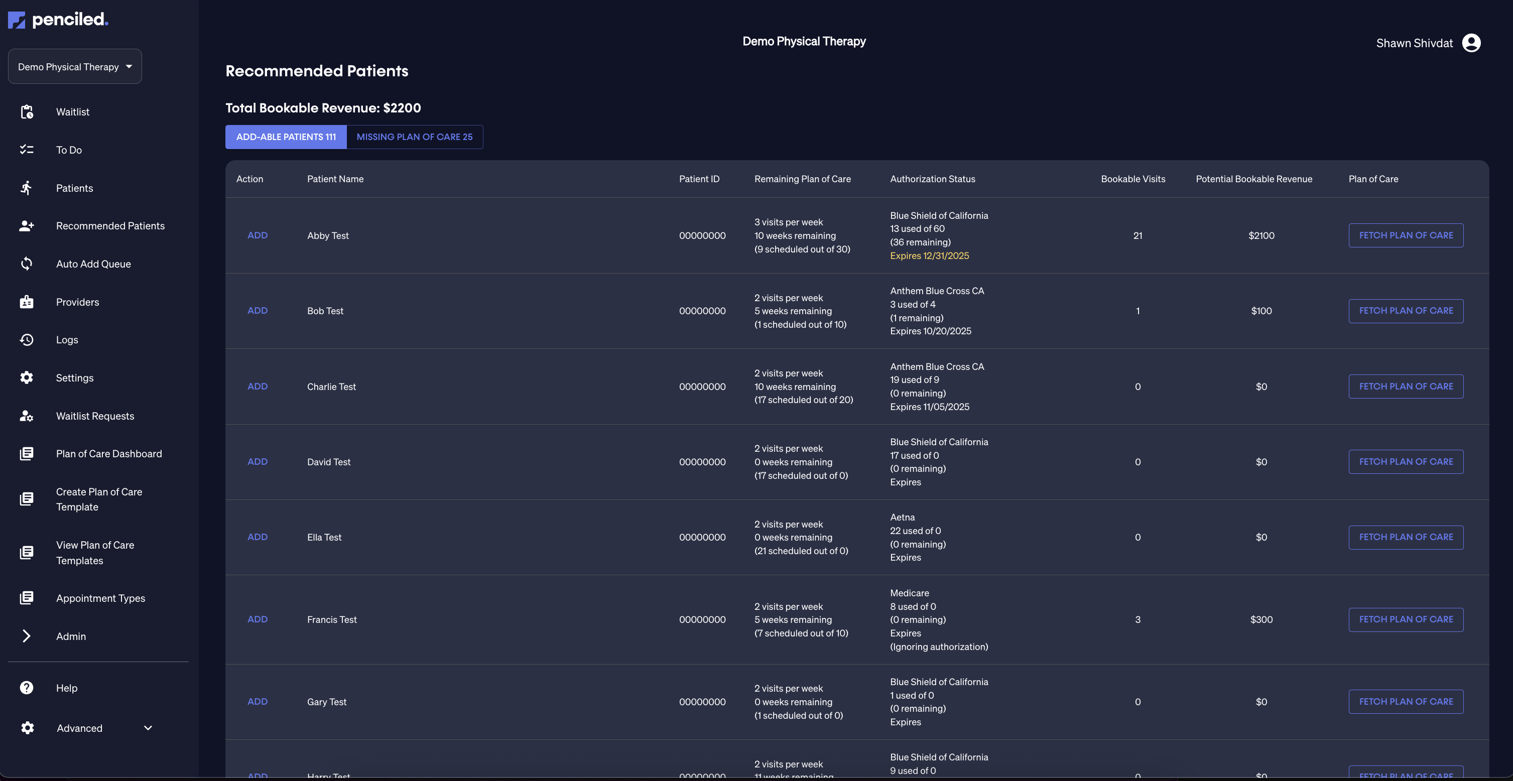 Recommended patients page.