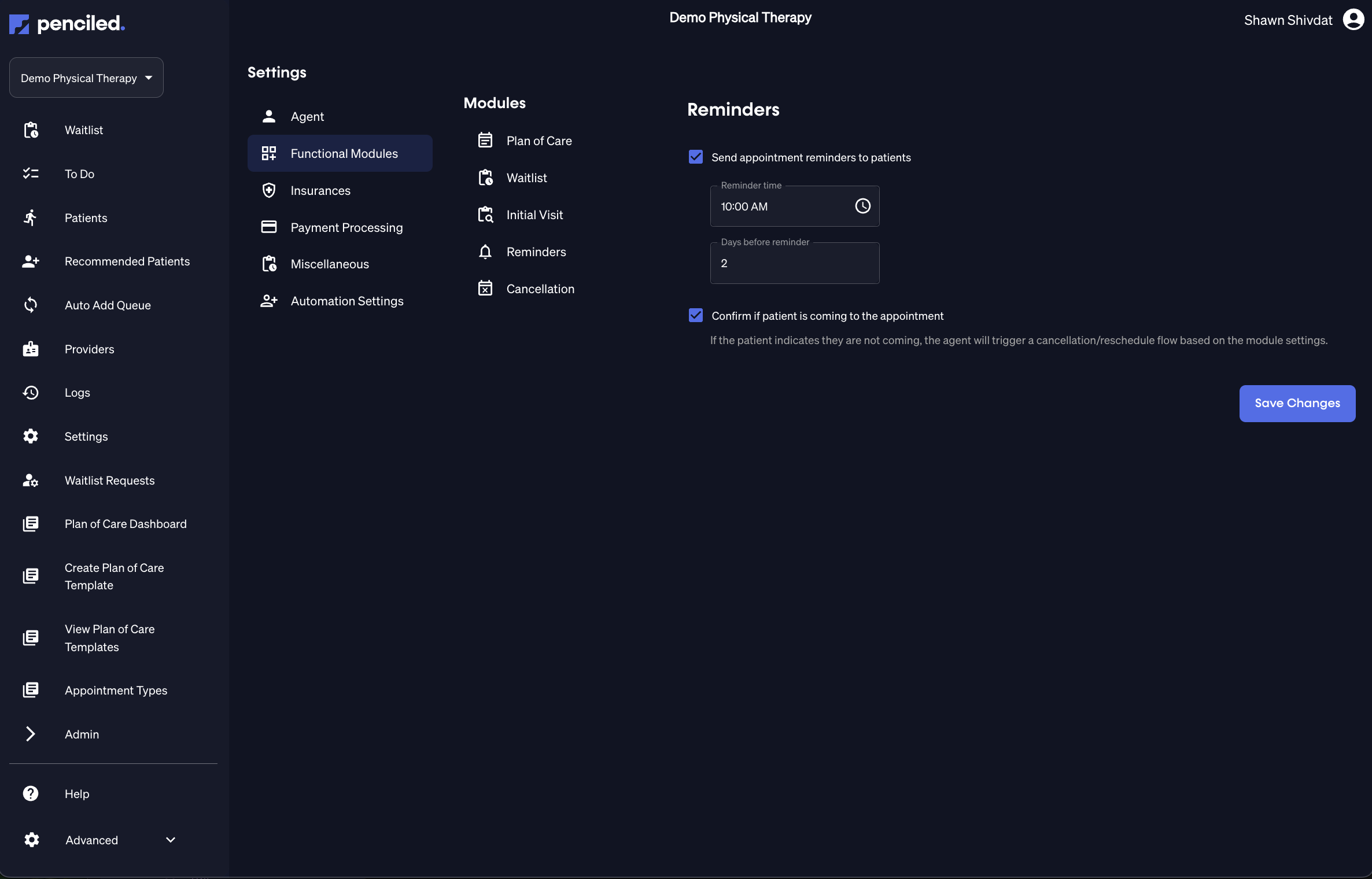 Penciled reminder settings with confirmation enabled.