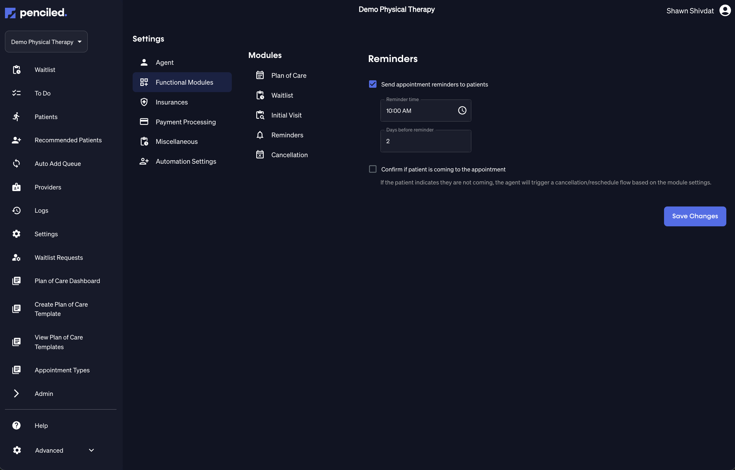 Penciled reminder module settings with reminder time and days before reminder options.
