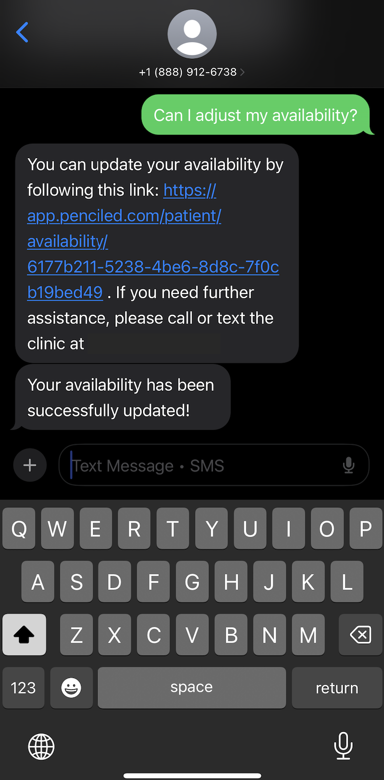 Text message of patient asking to adjust availability